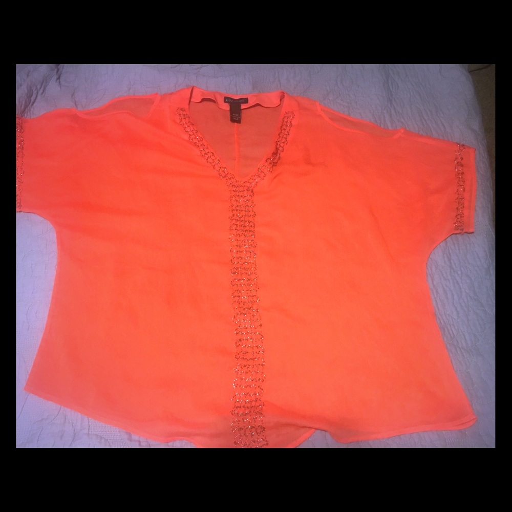 Coral sheer bling trimmed blouse w/ cold shoulder